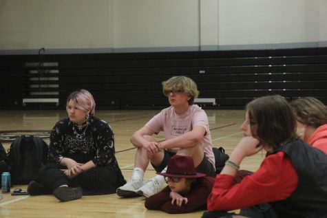 At the PRISMA meeting on April 20, freshmen Salem, Aiden White-Lenard, Alexander, and
Raine Vanderheyden listen to club sponsor Ivy Hartman talk about the National Day of Silence.
Students and staff were invited to take a vow of silence on April 22.