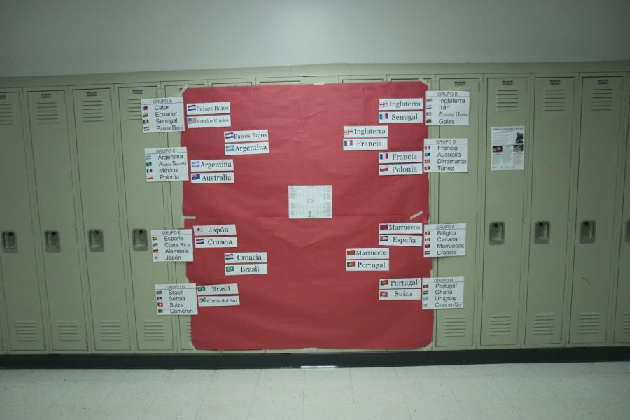 In the world language hallway, a bracket hangs on the lockers, depicting the 2022 World Cup up to the Quarterfinals in Spanish. French and Spanish teachers are learning about the World Cup during their classes.