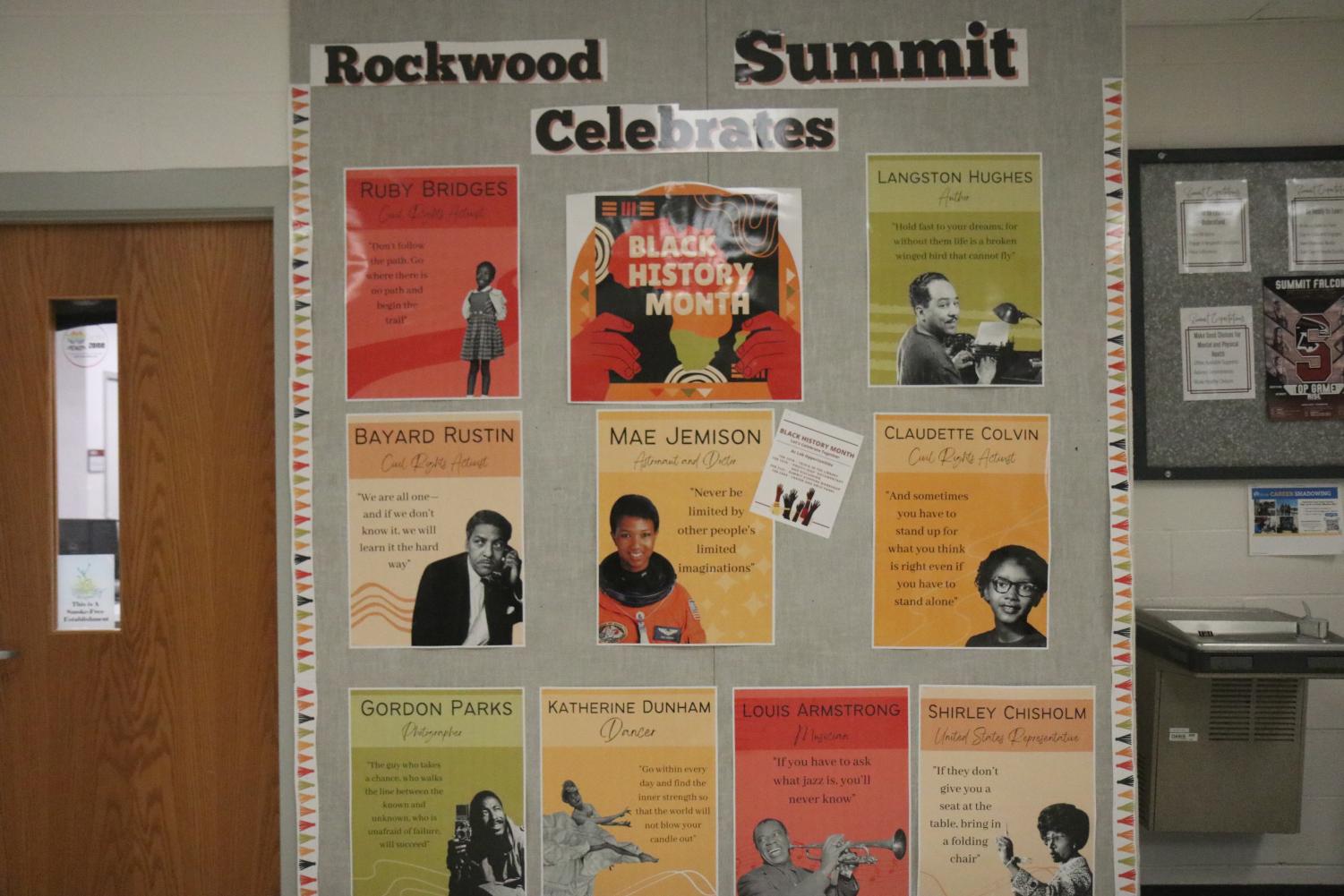 Displays outside the nurses office show
black historical figures. The posters have a photo of each person and one of their popular quotes.