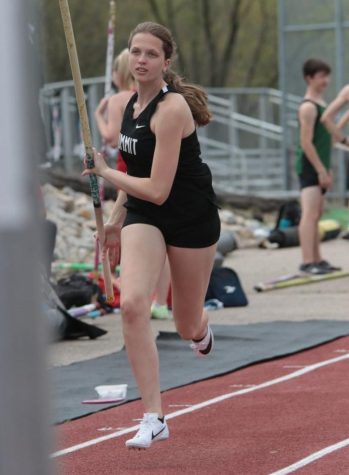At the newly named Siebert-Finch track meet, junior Alexis Lieberman takes off for the pole vault competition. Lieberman placed 9th and the girls team placed 2nd at the meet on April 15.