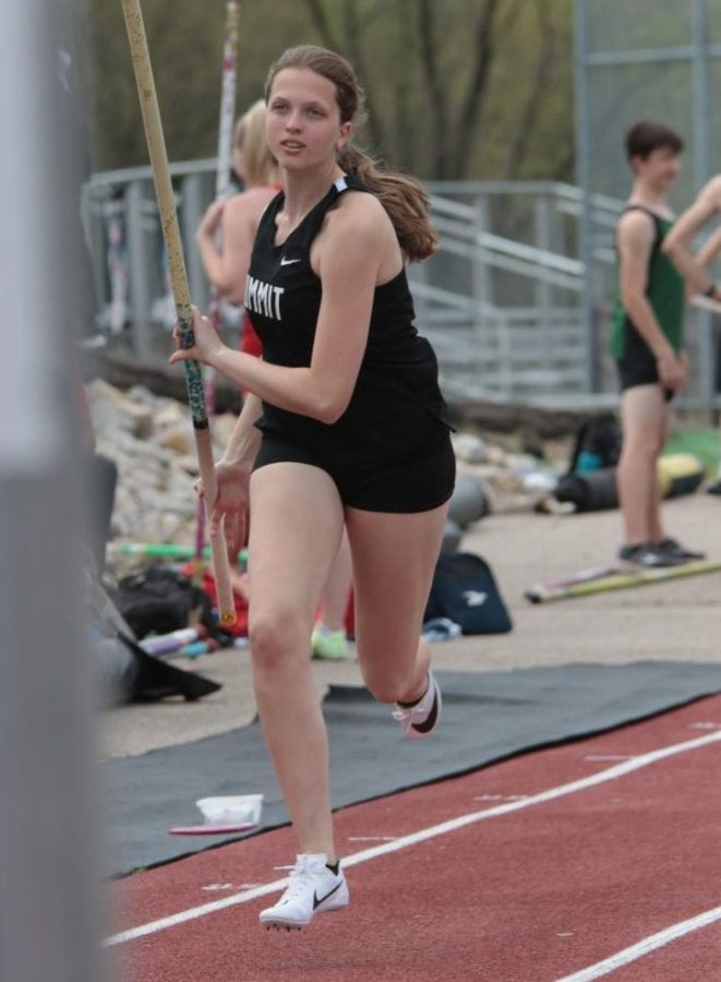 At+the+newly+named+Siebert-Finch+track+meet%2C+junior+Alexis+Lieberman+takes+off+for+the+pole+vault+competition.+Lieberman+placed+9th+and+the+girls+team+placed+2nd+at+the+meet+on+April+15.