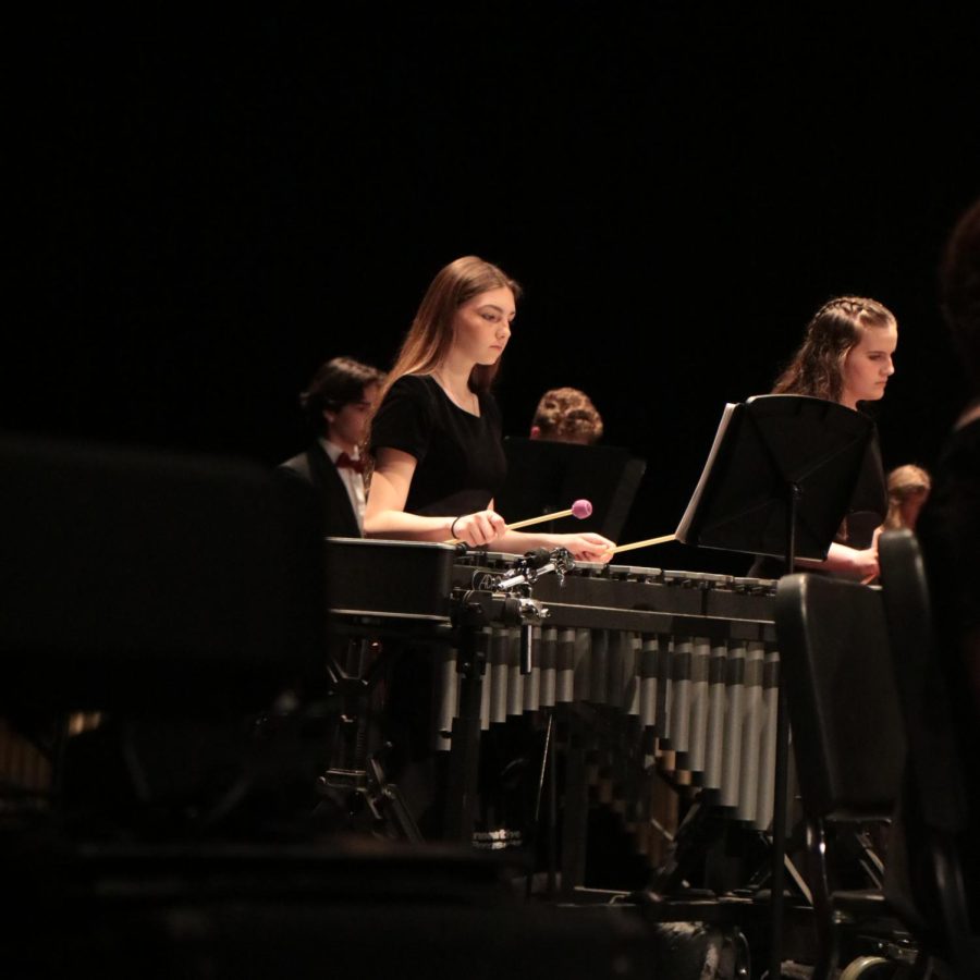 Freshman Mya Bella Roland plays the vibraphone at the end of the year Spring band concert. The concert took place on May 16.
