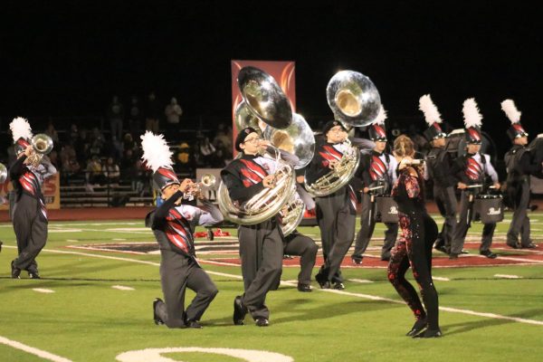 Performing the halftime show, senior Minko Brown and sophomore Nolan Rittgers play their instruments during the homecoming football game as a part of their show on Oct. 7.