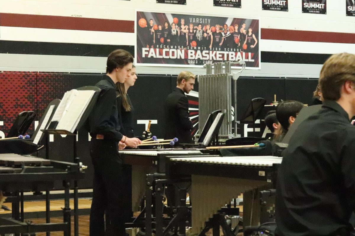 Junior Parker Trueman and freshman Lucy Vanderheyden play percussion instruments at the MIOS concert. “I was trying to stay focused because I have a part at the end that I can’t miss. I was nervous but also excited because it was our concert,” Vanderheyden said.
