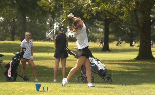 At Crescent Farms Golf Course on Sept. 10,  sophomore Emery Gregston tees off during the Summit Invitational. The Falcons played the 18 hole course at Crescent farms, and took sixth place in the tournament.