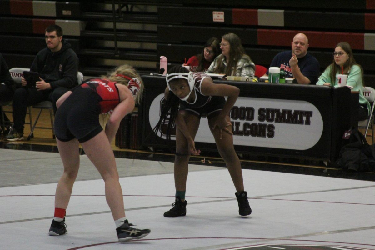 Freshman Kalena Gassoway and Union wrestler CJ Sullivan circle around each other immediately following the start of their match.