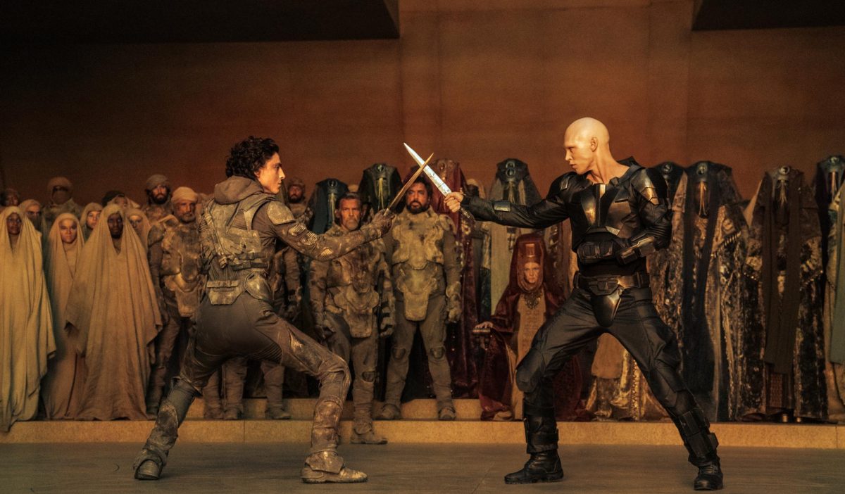 Paul Atreides (Timothée Chalamet) and Feyd-Rautha Harkonnen (Austin Butler) duel to claim the throne in the third act of the film. (photo from IMDB)