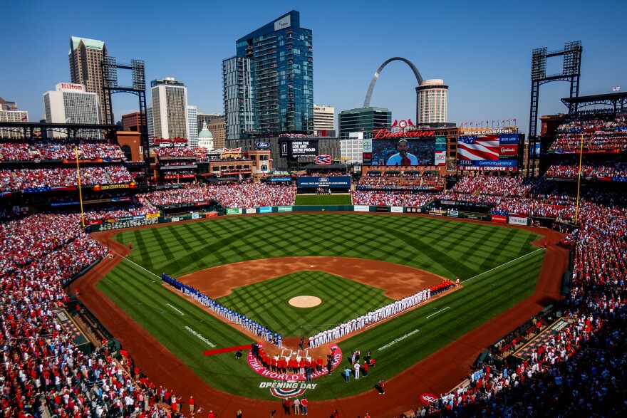 A view of the Arch from Busch Stadium in the summer of 2023. The opening day game was played by the Cardinals against the Toronto Blue Jays. (photo from STLPR)