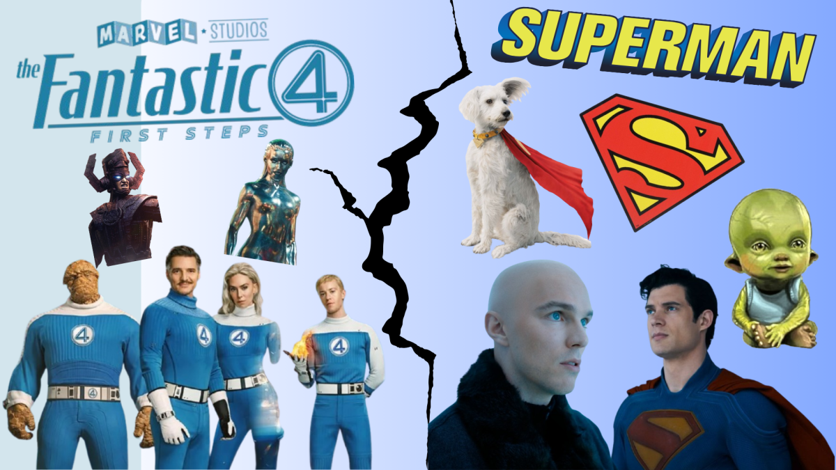 This graphic includes characters from both "Fantastic Four: First Steps" and "Superman," depicting the rivalry between their studios. (media created by Madison Stevens)