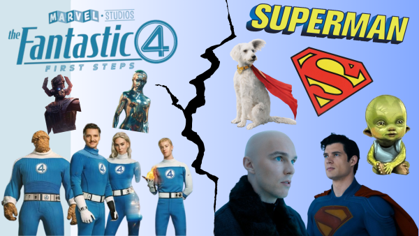 This graphic includes characters from both "Fantastic Four: First Steps" and "Superman," depicting the rivalry between their studios. (media created by Madison Stevens)