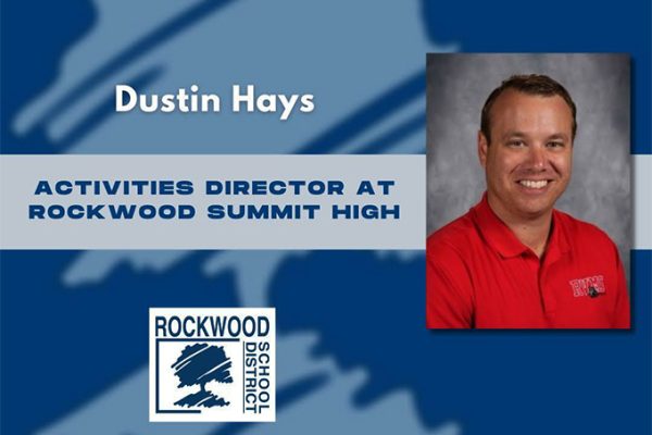 The image shows new Activities Director Dustin Hays in a graphic celebrating his hiring at Summit. (media from Rockwood School District)