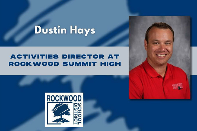 The image shows new Activities Director Dustin Hays in a graphic celebrating his hiring at Summit. (media from Rockwood School District)