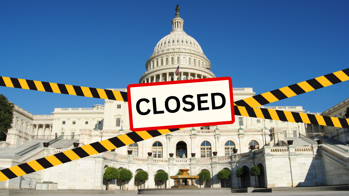 In the graphic, caution tape and a "closed" sign cover the US capitol building, representing the government shutdown that began Oct. 1. (media created by Elizabeth Davis)