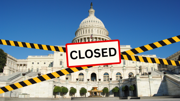 In the graphic, caution tape and a "closed" sign cover the US capitol building, representing the government shutdown that began Oct. 1. (media created by Elizabeth Davis)