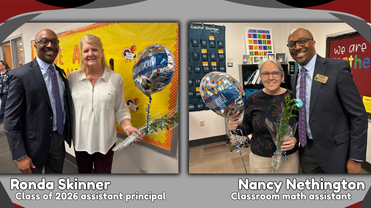 This graphic shows photos of superintendent Curtis Cain with Cornerstone winners Ronda Skinner and Nancy Nethington. (Media created by Laura Gordon, photos used with permission from Kelly Mignerone)