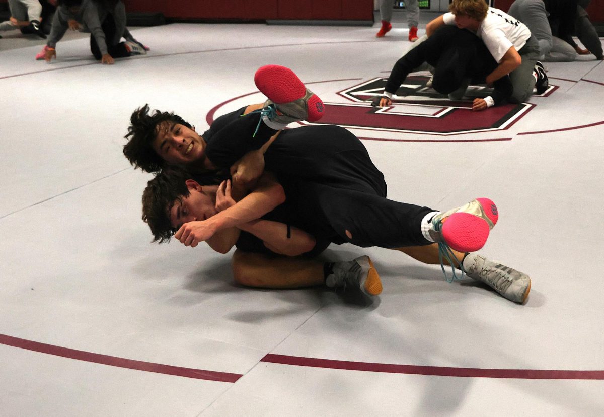 Senior Ayden Guthrie wrestles with
sophomore Anderson Tibbs in practice on Dec. 3.