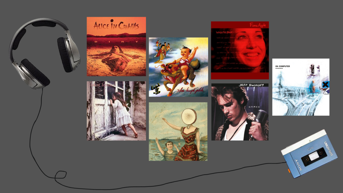 The graphic shows a walkman, a popular music listening device from the '90s, surrounded by '90s album covers. The covers include "Dirt" by Alice in Chains, "Violent Femmes" by Violent Femmes, "Purple" by Stone Temple Pilots, "In the Aeroplane Over the Sea" by Neutral Milk Hotel, "When the Pawn..." by Fiona Apple, "Grace" by Jeff Buckley, and "OK Computer" by Radiohead. (media by Elizabeth Davis)