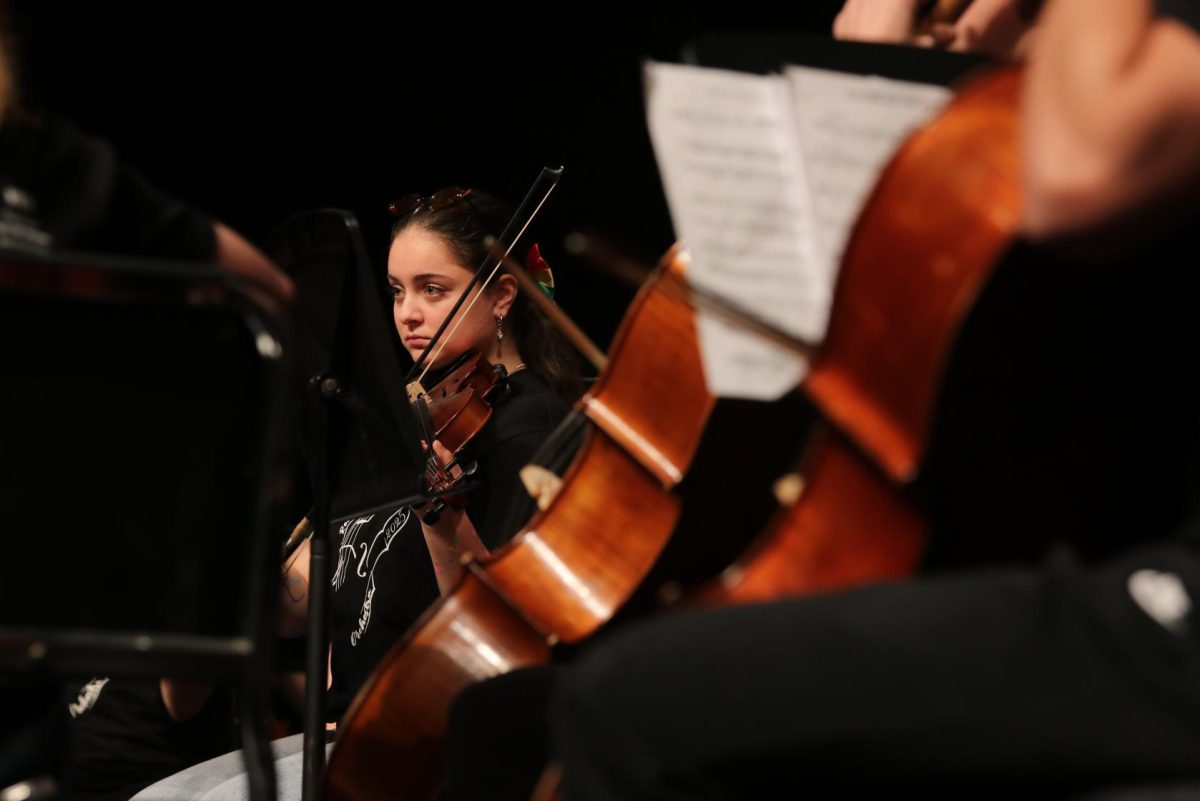 Playing “Colors of the Wind” at the winter orchestra concert, senior Addison Brown follows along in her music. The concert took place in the auditorium on Dec. 4. 