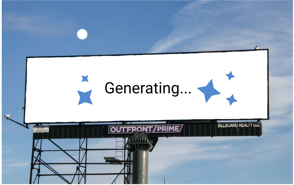 The graphic depicts a billboard waiting on AI generation, representing the growing presence of AI in advertisements. In recent months, AI video generation has been used in advertisements for major companies like Coca-Cola, McDonalds, Kalshi, and more. (media by Elizabeth Davis)