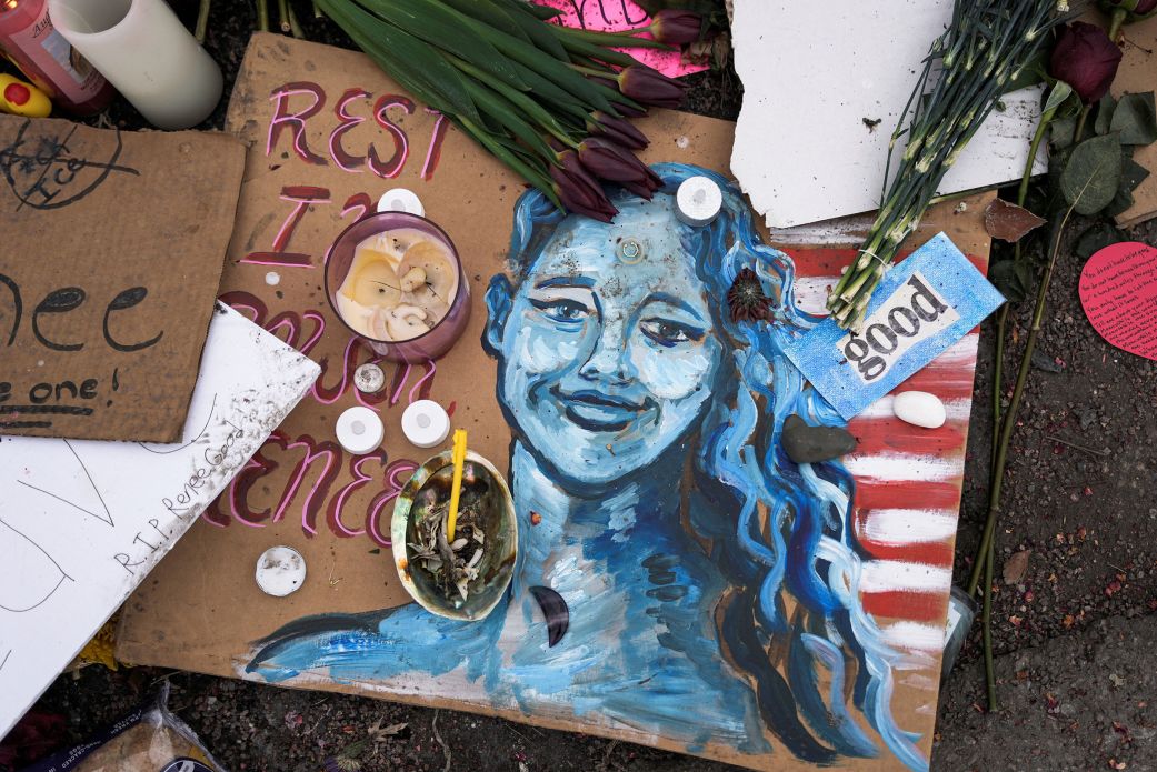 Art placed at a memorial in Minneapolis for Renee Good. Many like this one popped up around the country following her death. (photo from CNN/Reuters)