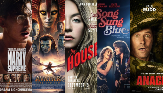 This graphic depicts the posters for five films released during December of 2025. (media created by Madison Stevens)