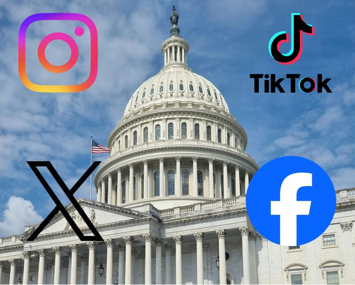 This graphic depicts the United States Capitol Building surrounded by the application logos for Instagram, TikTok, X, and Facebook. (media created by Skylar Holtgrewe)
