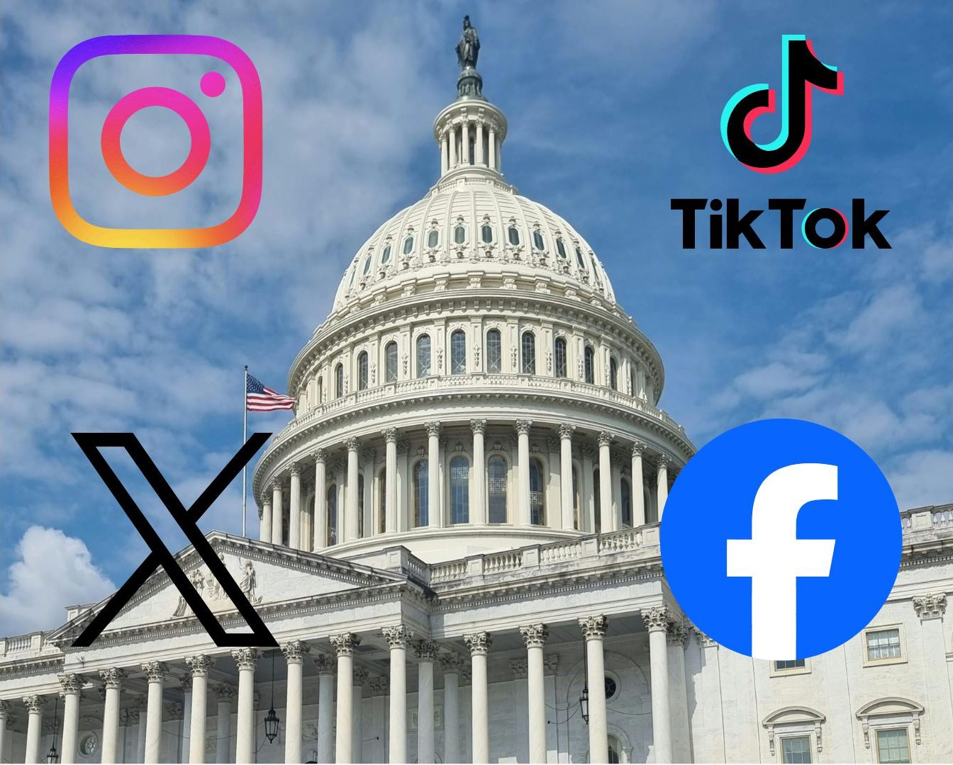 This graphic depicts the United States Capitol Building surrounded by the application logos for Instagram, TikTok, X, and Facebook. (media created by Skylar Holtgrewe)
