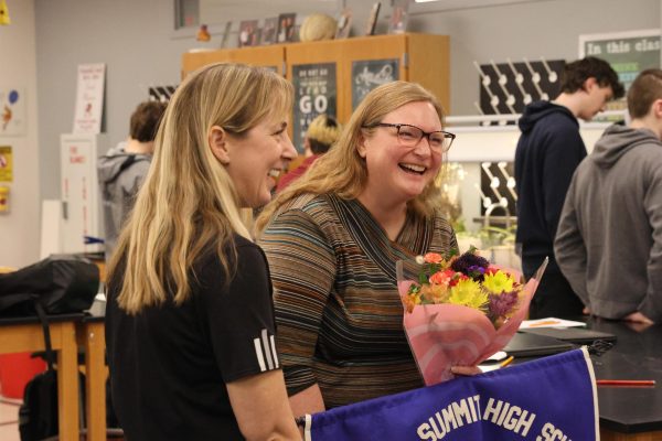 Teacher of the Year winner Sarah Moonier laughs with building principal Dr. Emily McCown after winning the award. This marks Moonier's second Teacher of the Year award, her first one being awarded to her in the 2013-2014 school year.
