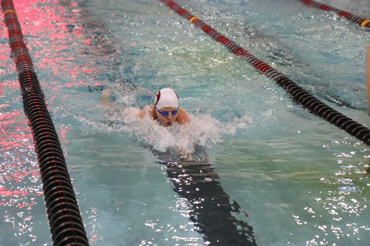 Pushing through the water, senior Breanna Wilkinson races in the meet against Parkway Central High School on Jan. 27. The girls lost the meet against the Colts 51-133.