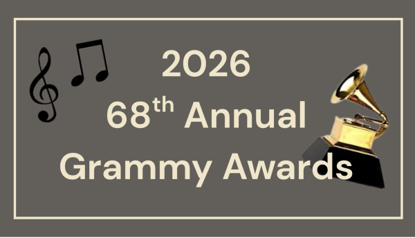 The graphic depicts a music notes and a Grammy, the award given to artists by the Recording Academy through a total of 96 categories to reward musical excellence. (media by Elizabeth Davis)