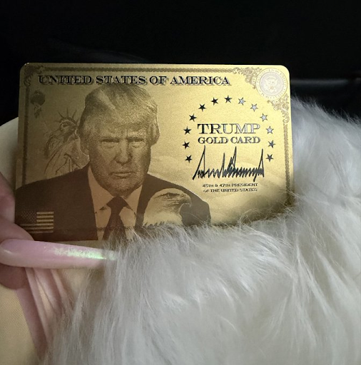 The image depicts rapper Nicki Minaj holding the “Trump Gold Card” given to her by President Trump. This card was given to her after she spoke on stage during an event launching the child investment accounts, coined “Trump Accounts” (post from X/@NICKIMINAJ)
